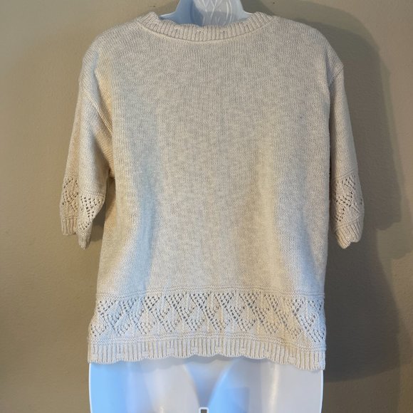 Hand Crafted Pointelle Knit Short Sleeve Sweater Cream Crew Neck - Picture 3 of 3